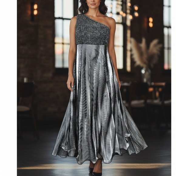 Rivar's Dresses & Skirts - Vintage Rivar's 3/4 One Shoulder Silver‎ Metallic Pleated Gown Formal Prom Dress